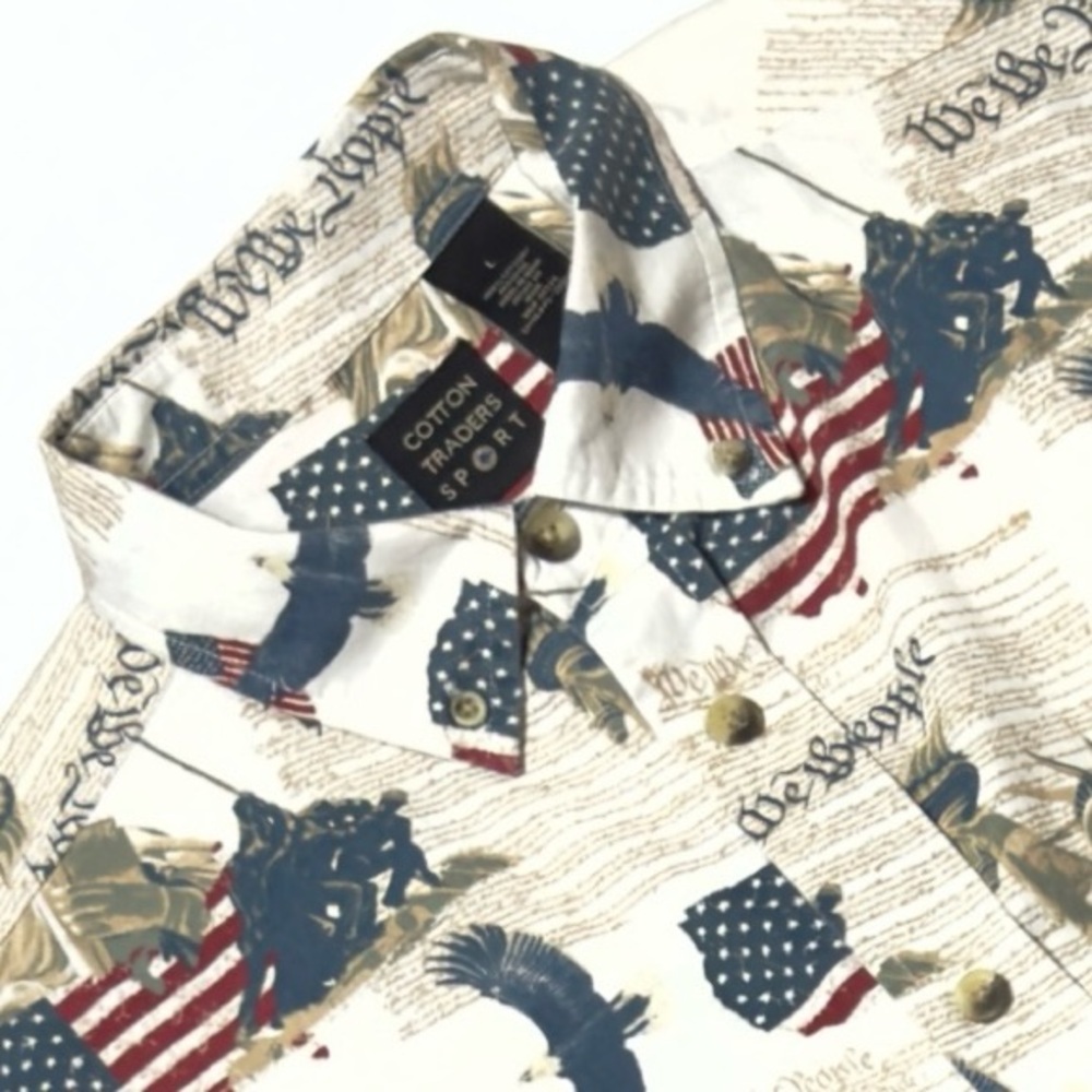 Cotton Traders Sport Red White Blue Button Down Shirt Patriotic Print Excellent‎